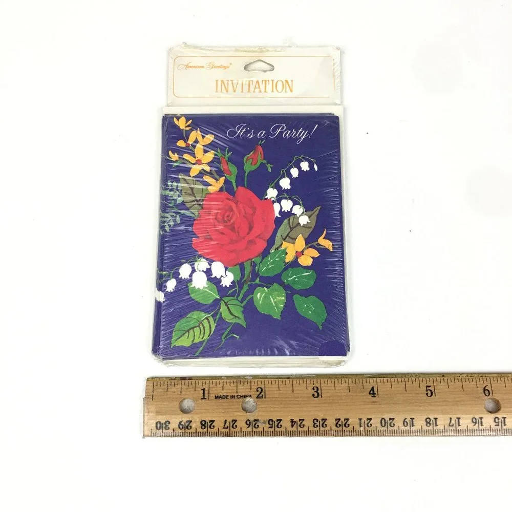 Vtg American Greetings Invitation Its a Party Rose Floral 8 Pack w Card Envelope